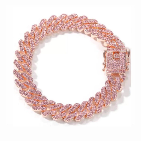 Pulsera Cubana Piedra Strass Rose Gold Hip Hop Trap 61 15mm - 8 Inch