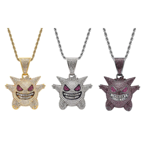 Dije "Gengar" Baño de Oro 14k Con Cadena Simple Full Strass