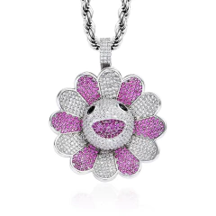 Dije Flor Purpura-Plata Giratoria "Jay Balvin " Baño de Oro 14k Con Cadena Zircón Full Strass