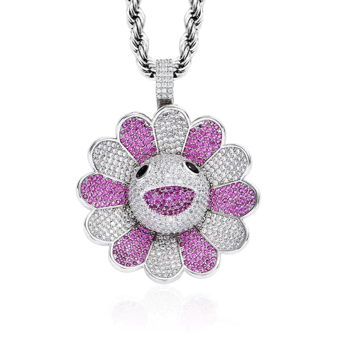 Dije Flor Purpura-Plata Giratoria "Jay Balvin " Baño de Oro 14k Con Cadena Zircón Full Strass