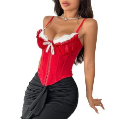 Corset Top Urbano Importado Relleno Encaje Moño Strass Rojo