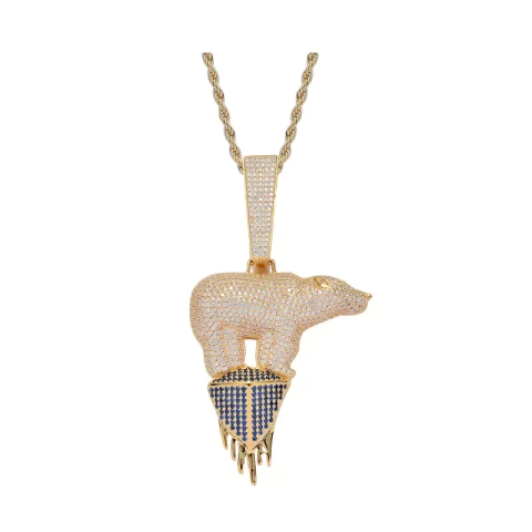 Dije "Oso Polar " Baño de Oro 14k Con Cadena Simple Full Strass
