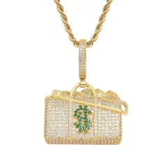 Dije "Bolso" Baño de Oro 14k Con Cadena Simple Full Strass