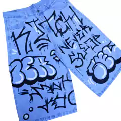 Bermuda Jean Intervenido Graffiti Hip Hop Baggy Celeste - KITCH TECH