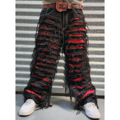 Pantalon Jean Ripped Baggy Wide Negro Rojo en internet
