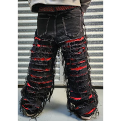Pantalon Jean Ripped Baggy Wide Negro Rojo - KITCH TECH