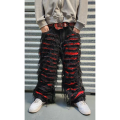 Pantalon Jean Ripped Baggy Wide Negro Rojo - KITCH TECH