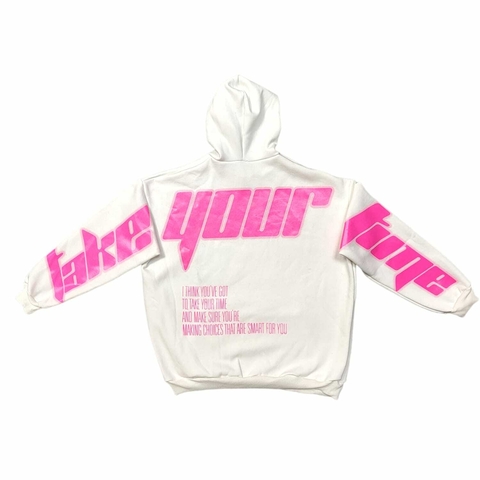 Buzo Hoodie Take Your Time Blanco Fucsia