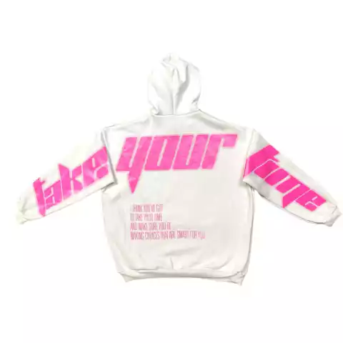 Buzo Hoodie Take Your Time Blanco Fucsia