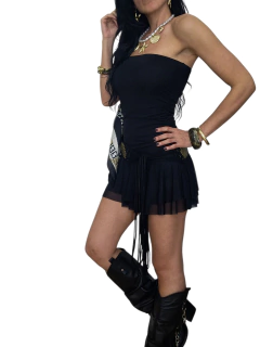 V621 VESTIDO SHORT BANDO/VOLADOS NEGRO - tienda online