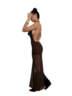 V649 VESTIDO LARGO TUL/BUCHE CRUZADO CHOCO
