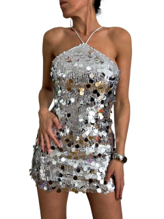 V656 VESTIDO IMPORTADO LENTEJUELAS TRAPECIO PLATA - tienda online