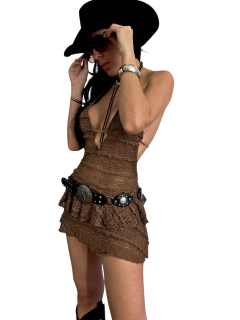 V645 VESTIDO CORTO GUIPIUR CHOCO - Mora Mia