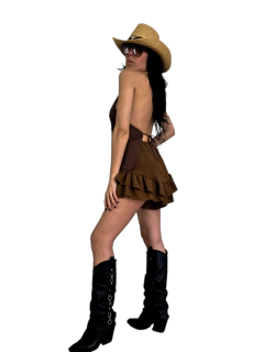 CAM126 CHALECO LARGO LINO CHOCO - comprar online