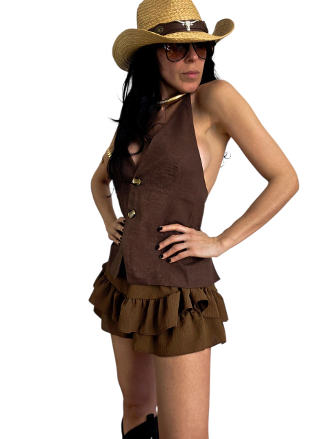 CAM126 CHALECO LARGO LINO CHOCO