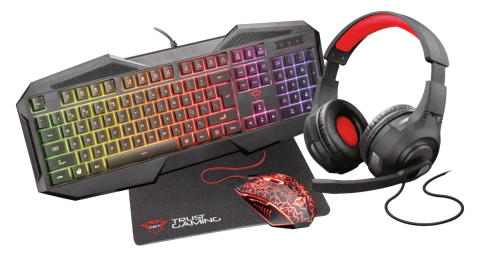 COMBO GAMER TRUST 4 EN 1 GXT1180RW TECLADO + MOUSE + AURICULAR + PAD