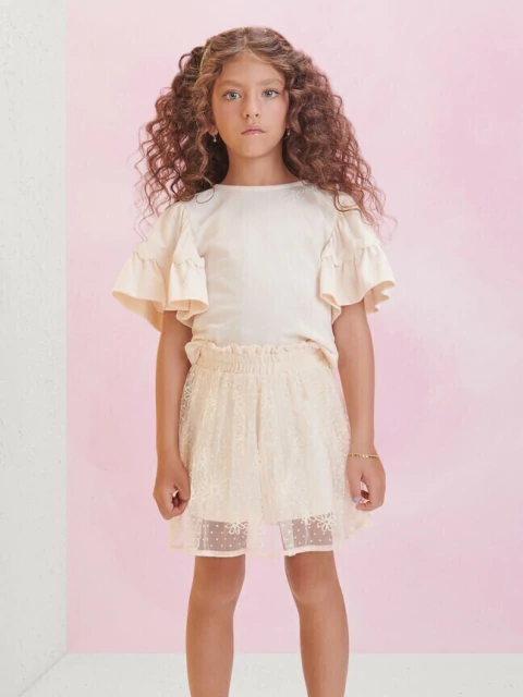Conjunto Infantil Blusa E Saia De Tule Bordada Off Animê N3517