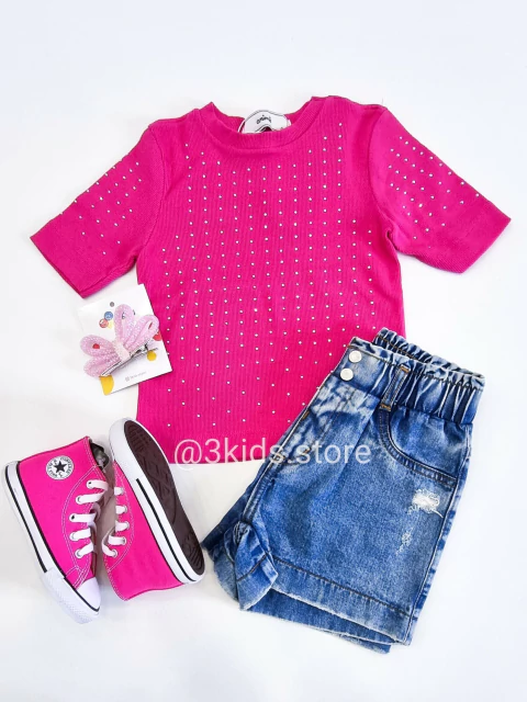 Blusa Infantil Canelada Com Strass Pink Animê N4458-P
