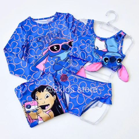 Biquíni Infantil Stitch 3 Peças Com Blusa Proteção Sola Animê Q0416-Q0428