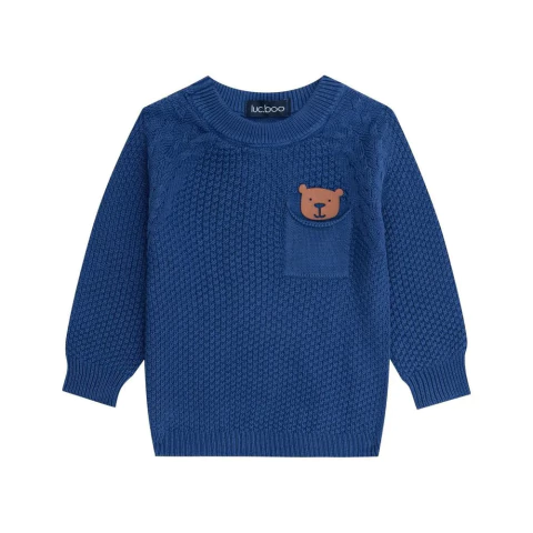 Blusa Infantil Em Tricot Bolso Ursinho Azul Lucboo 43090