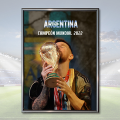 Cuadro Messi Campeón del Mundo 2022 besando la copa fondo Afa - comprar online