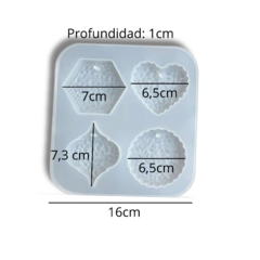 MOLDE SILICONA 4 DIJES LLAVEROS TEXTURADOS CORAZON Y HEXAGONO - comprar online