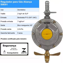Regulador Gás Aliança 506/01 Bico Mamadeira 2Kg/h Segundo Estagio - comprar online