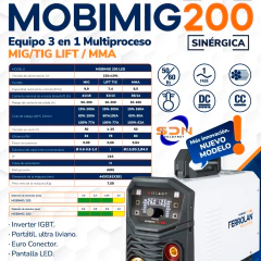 Soldadora MIG FERROLAN MOBIMIG 200 LED (3en1) Sinérgico - SOLDANET