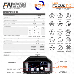 Soldadora TIG Inverter FNPRO FOCUSTIG 201 ACDC + COMBO - SOLDANET