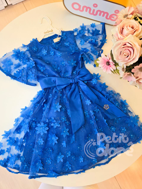 Vestido infantil floral tule azul Animê 4280
