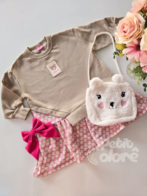 Vestido infantil ursinho bege com bolsa Cinti 12324 - comprar online