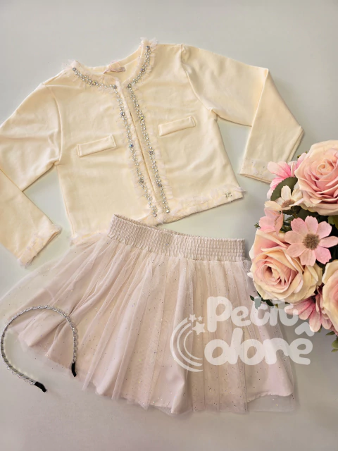 Conjunto infantil casaco e saia tule bordado creme Petit Cherie 096 - comprar online