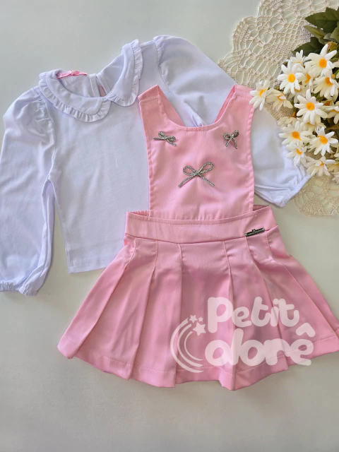 Conjunto infantil salopete com lacinhos cristais e blusa gola babadinho Gabriela Aquarela 251091 - comprar online