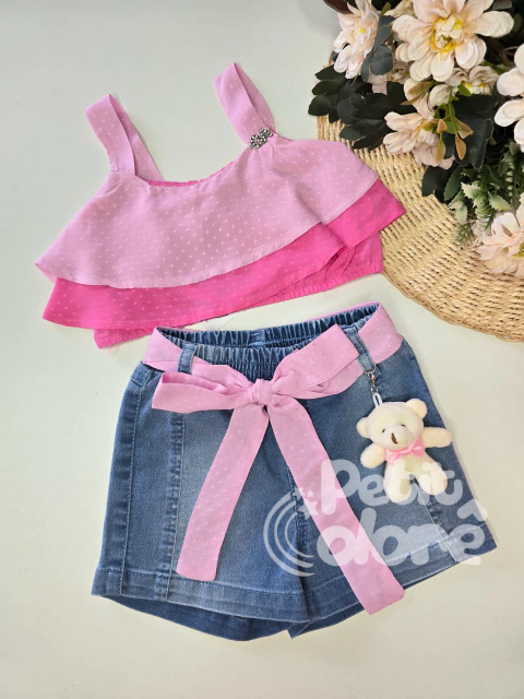 Conjunto infantil feminino short jeans com pingente de ursinho Gabriela Aquarela 252002 - comprar online