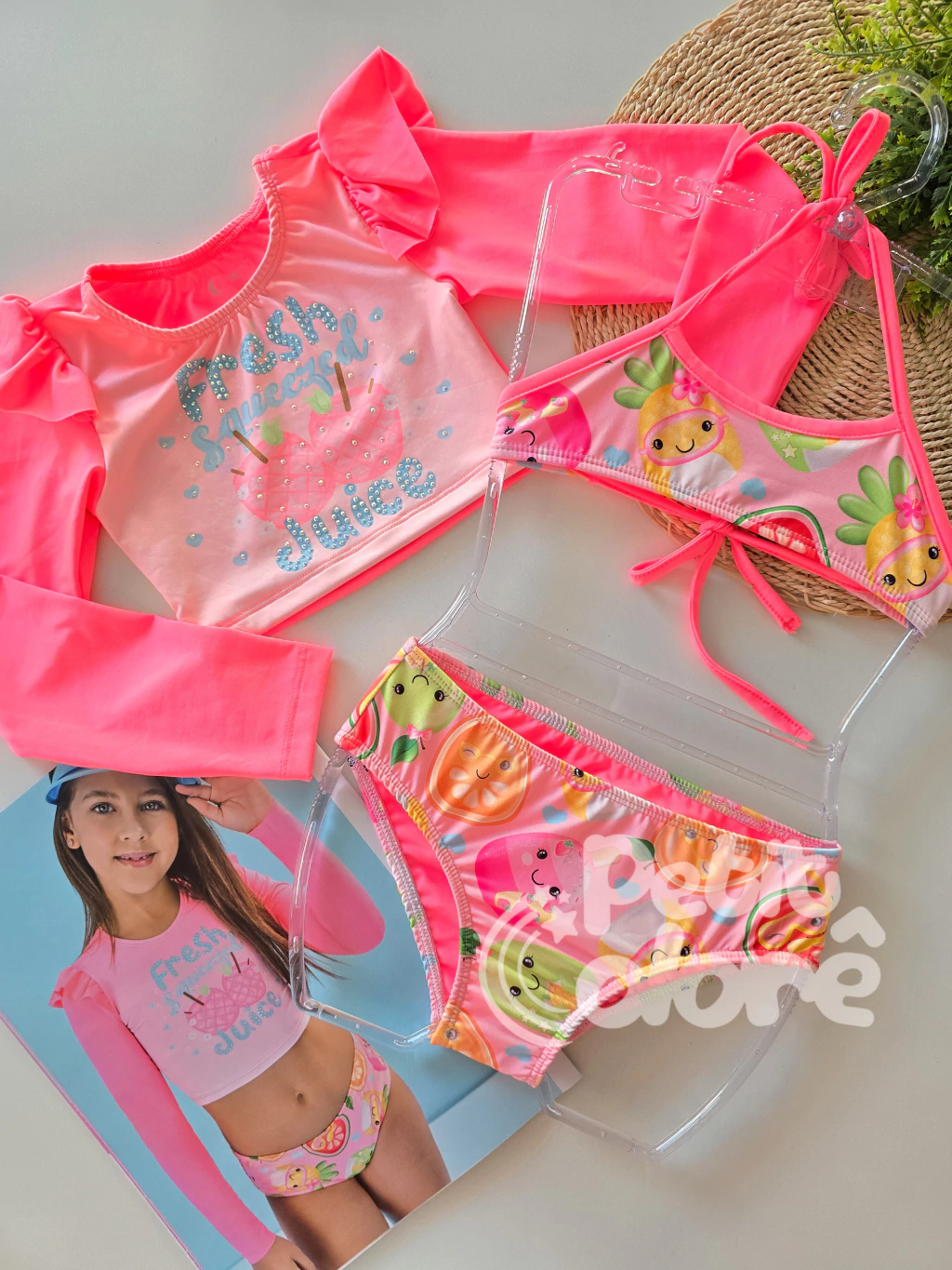 Biquíni infantil 3 peças love abacaxi rosa neon Cinti 12604