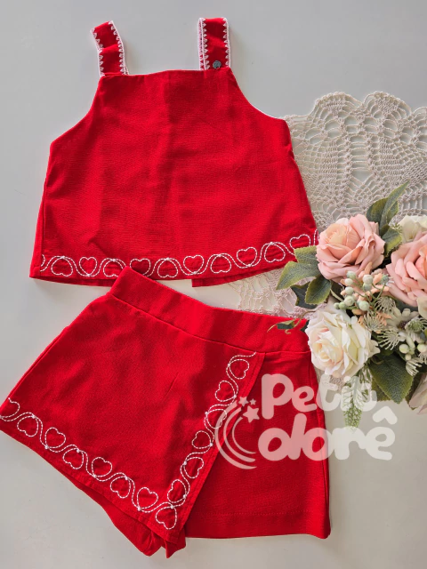Conjunto infantil clássicos bordado corações linho vermelho Petit Cherie 174 - comprar online