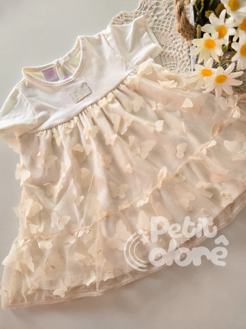 Vestido bebê festa algodão aplicações borboletas champagne Cinti 10412 - comprar online