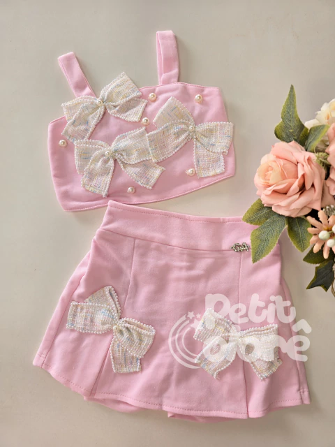 Conjunto infantil cropped e saia short moletinho rosa com laços Gabriela Aquarela 252075 - comprar online
