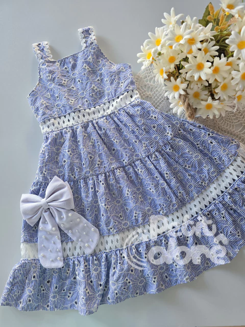 Vestido infantil azul listrado laise bordado Milon 1290 - comprar online