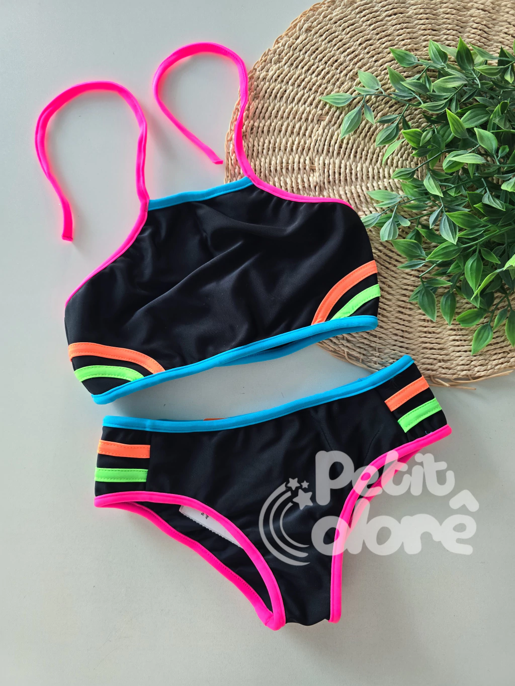 Biquini infantl cropped teen preto listras coloridas Siri Kids 40360