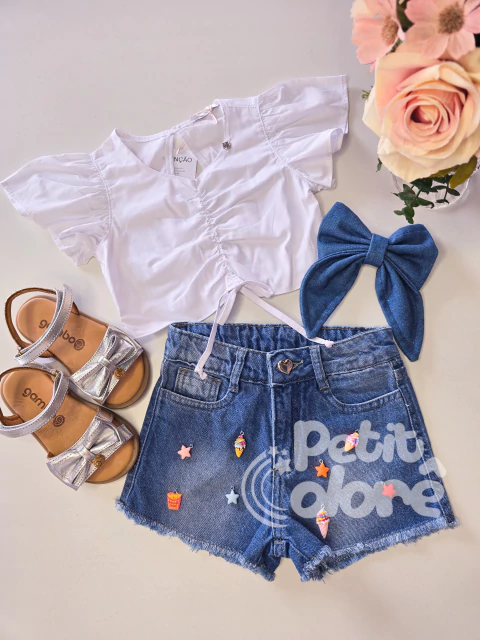 Conjunto infantil blusa branca e short jeans com pingentes divertidos Gabriela Aquarela 252212 - comprar online