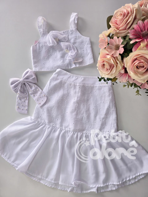 Conjunto infantil cropped e saia midi laise branco Gabriela Aquarela 252236 - comprar online