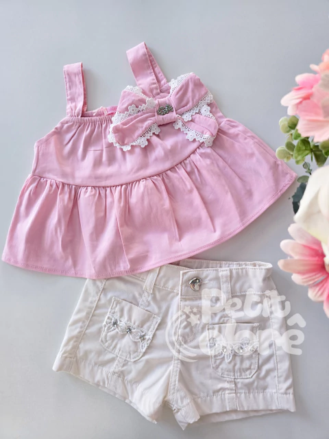 Conjunto infantil bata rosa algodão e short sarja off white Gabriela Aquarela 252069 - comprar online