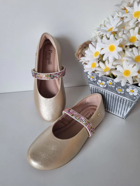 Sapatilha infantil dourada com cristais coloridos Pampili 758 - comprar online