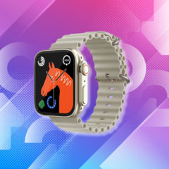 Reloj inteligente Fanpro KD99 Ultra con correa gris y pantalla con diseño de caballo.