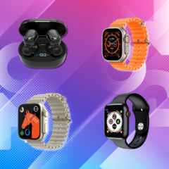 Pack de inicio que incluye auriculares y smartwatches en un fondo vibrante.