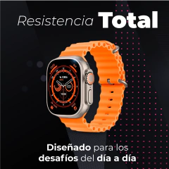 Reloj inteligente T800 Ultra con pulsera naranja, pantalla encendida mostrando información de la hora y salud.