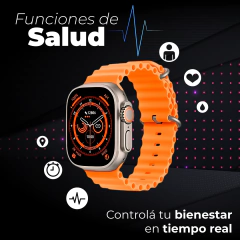 Reloj inteligente T800 Ultra con correa naranja, mostrando funciones de salud en su pantalla.