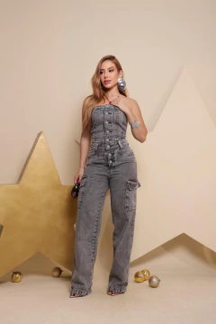 MACACÃO JEANS CARGO GRAFITE