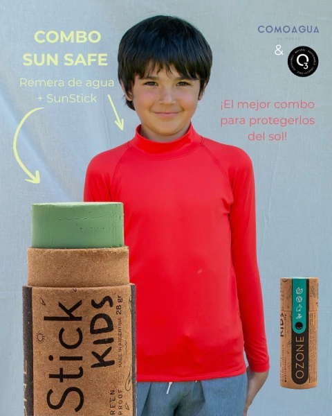 COMBO SUN SAFE - Remera UV Roja + SunStick - Como Agua: Todo lo que necesitás para tu verano 